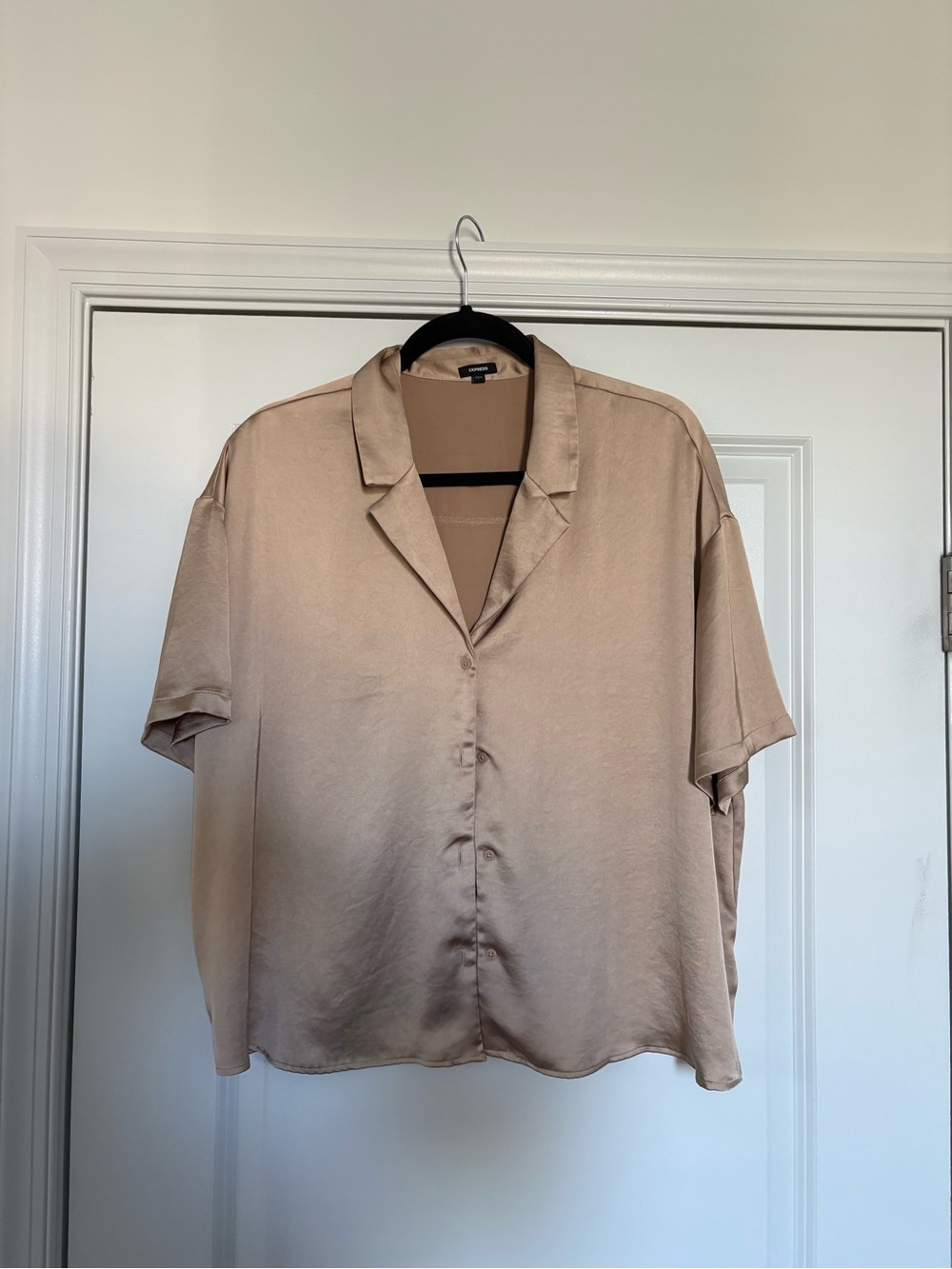 Express Satin Short-Sleeve Button-Down Shirt - Beige